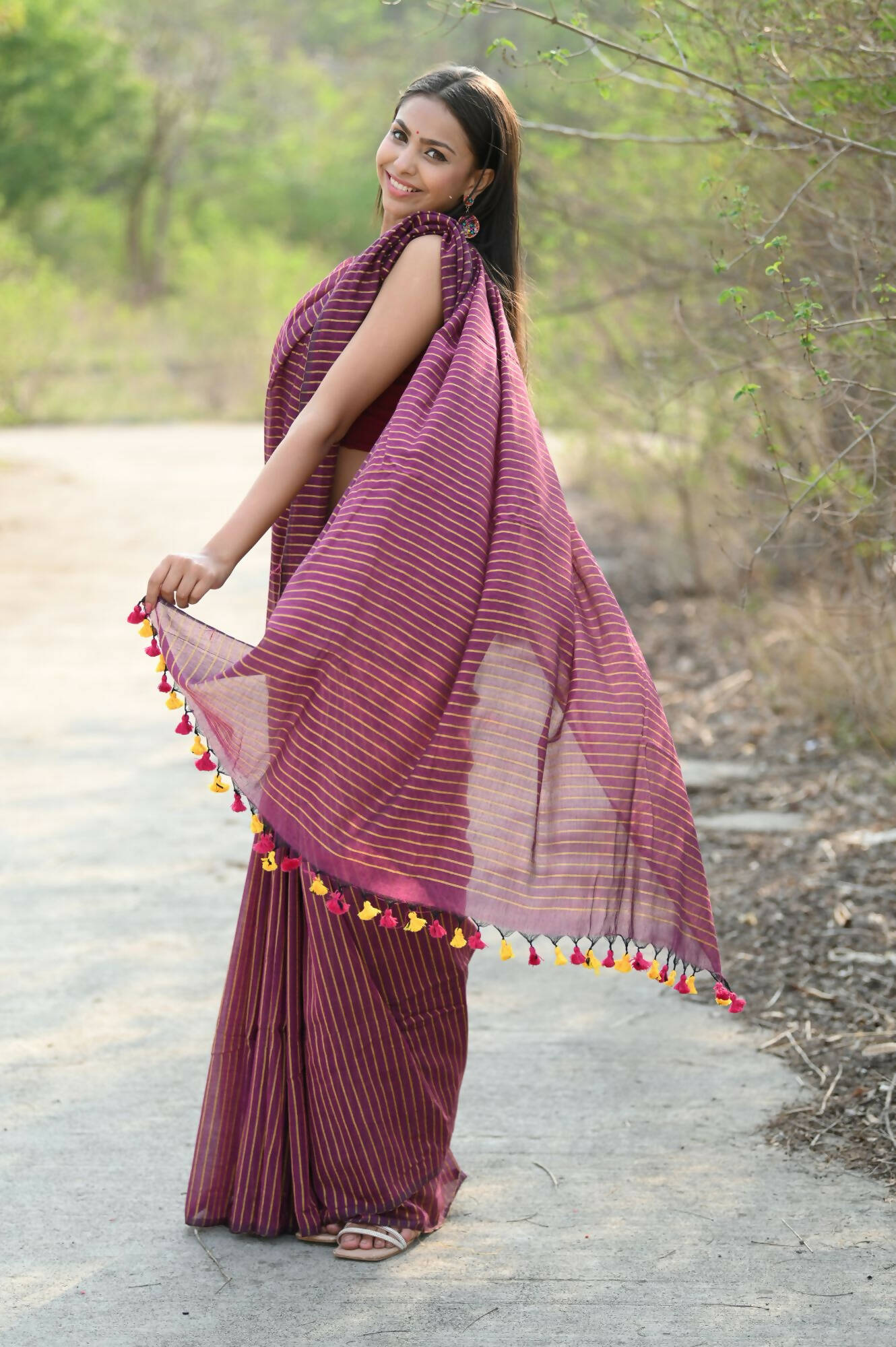 Very Much Indian Designer Pure Cotton Saree With All Over Linear Stripes - Maroon
