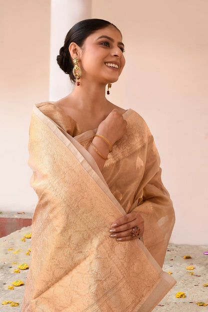 Joban Fashion Gold Banarasi Kora Tissue Pure Handloom Banarasi Silk Saree