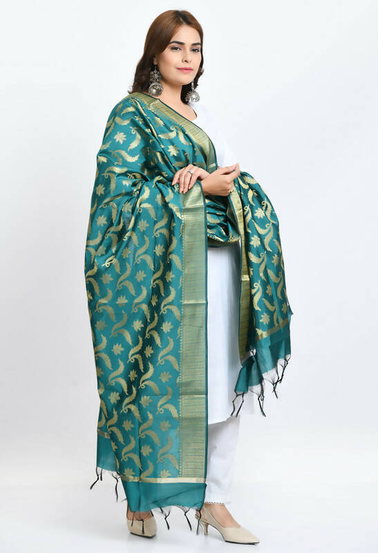 Mominos Fashion Moeza Women's Banarsi Silk Floral Woven Design Rama Green Dupatta