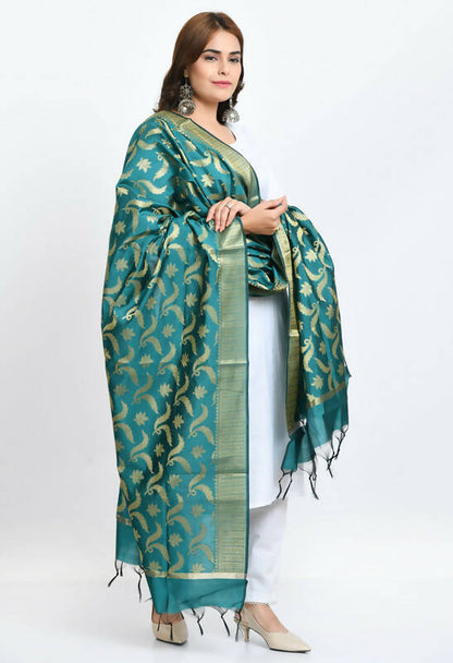 Mominos Fashion Moeza Women's Banarsi Silk Floral Woven Design Rama Green Dupatta