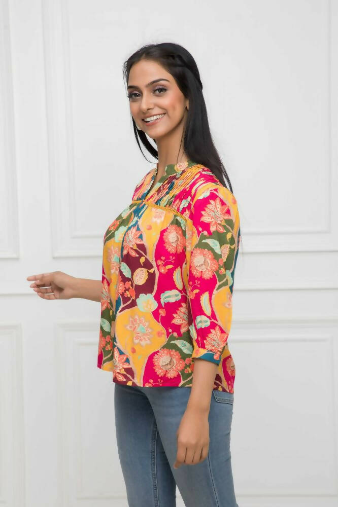 Myshka Women Multi Floral Mandarin Collar Regular Sleeves Viscose Rayon Top