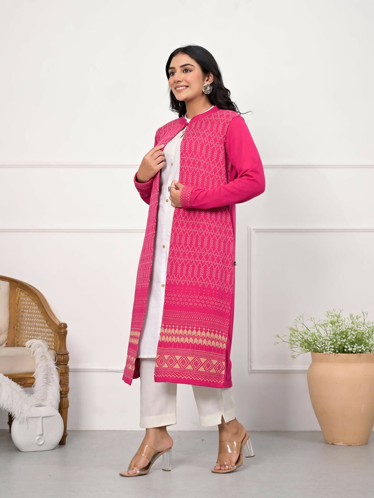 Juniper Women's Pink Ethnic Motif Printed Cotton Long Winter Wear Jacket