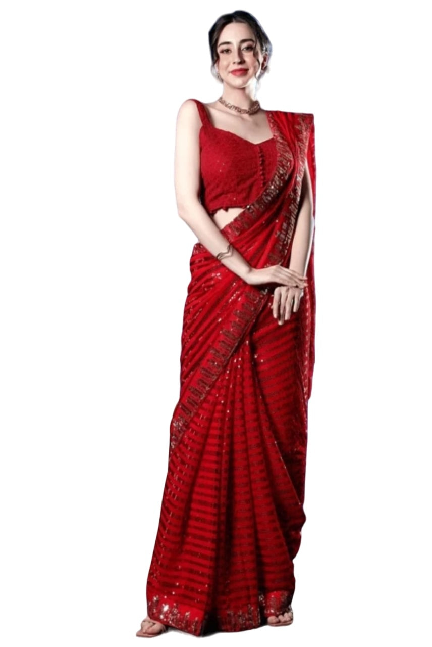 Vamika Embroidery Red Georgette Bollywood Saree