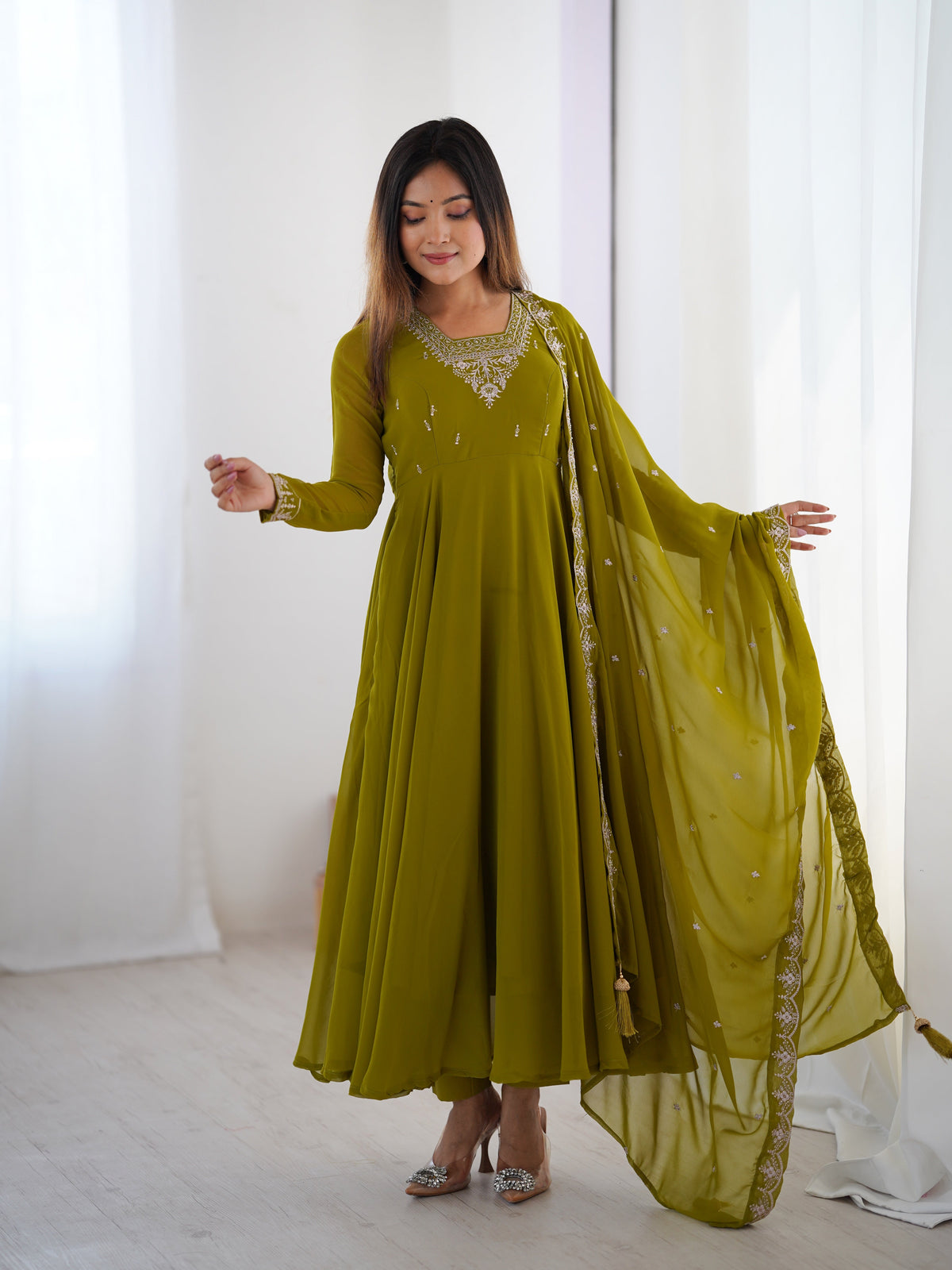 Lorenvalley Mahendi Faux Georgette Fancy Embroidery Beads And Jari Work Anarkali Kurta Palazzo With Dupatta Set