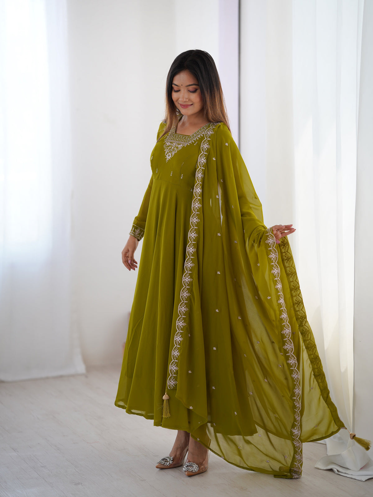 Lorenvalley Mahendi Faux Georgette Fancy Embroidery Beads And Jari Work Anarkali Kurta Palazzo With Dupatta Set