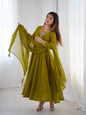 Lorenvalley Mahendi Faux Georgette Fancy Embroidery Beads And Jari Work Anarkali Kurta Palazzo With Dupatta Set
