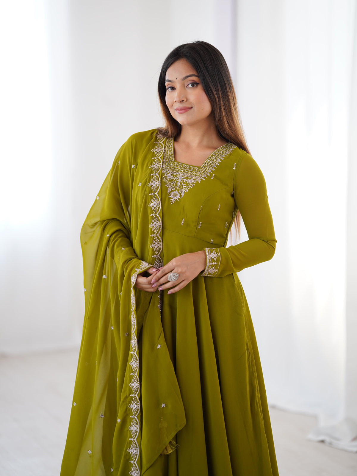 Lorenvalley Mahendi Faux Georgette Fancy Embroidery Beads And Jari Work Anarkali Kurta Palazzo With Dupatta Set