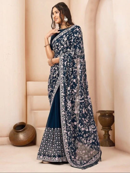 Vamika Embroidery Rama Green Georgette Bollywood Saree