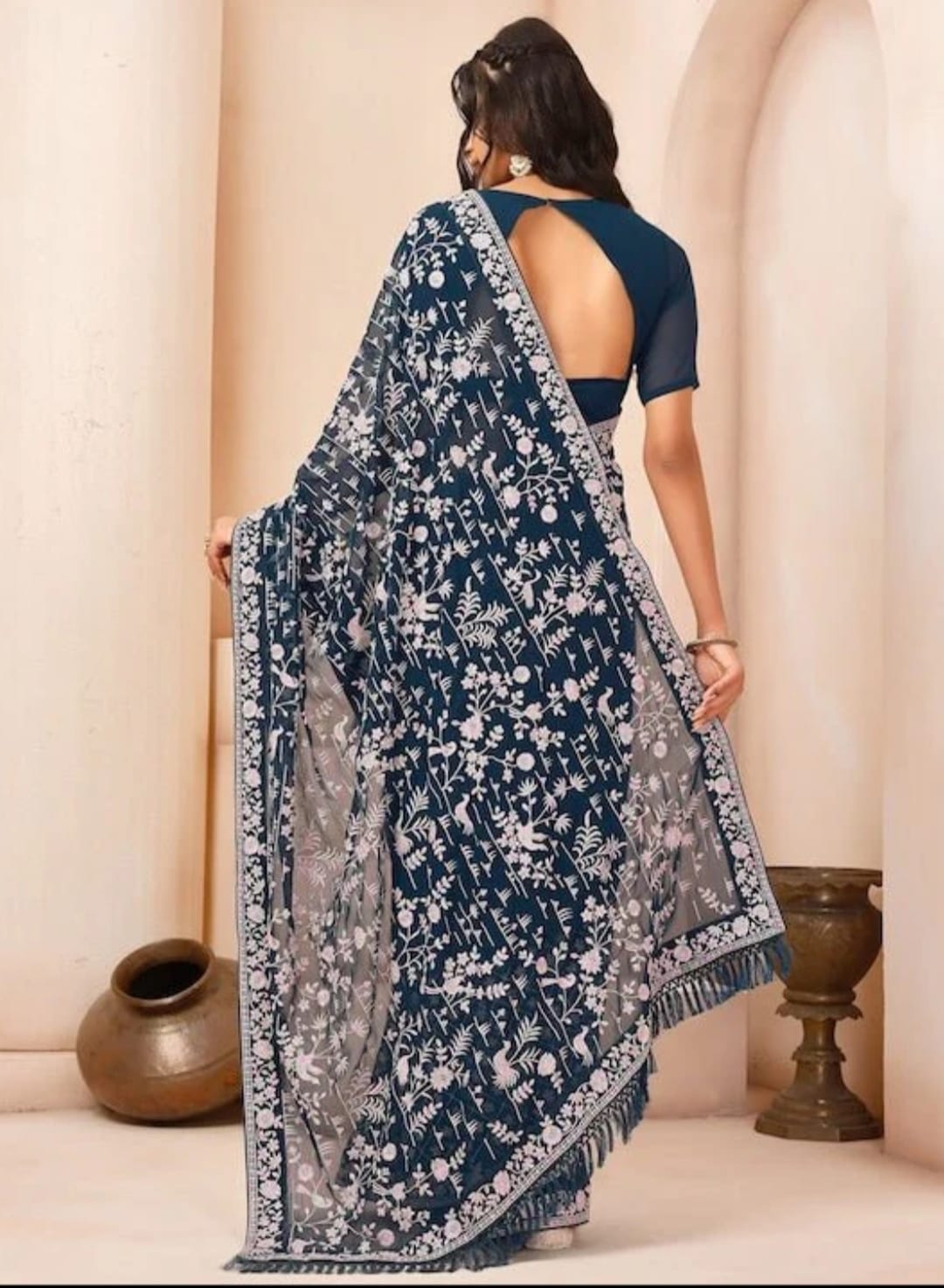 Vamika Embroidery Rama Green Georgette Bollywood Saree