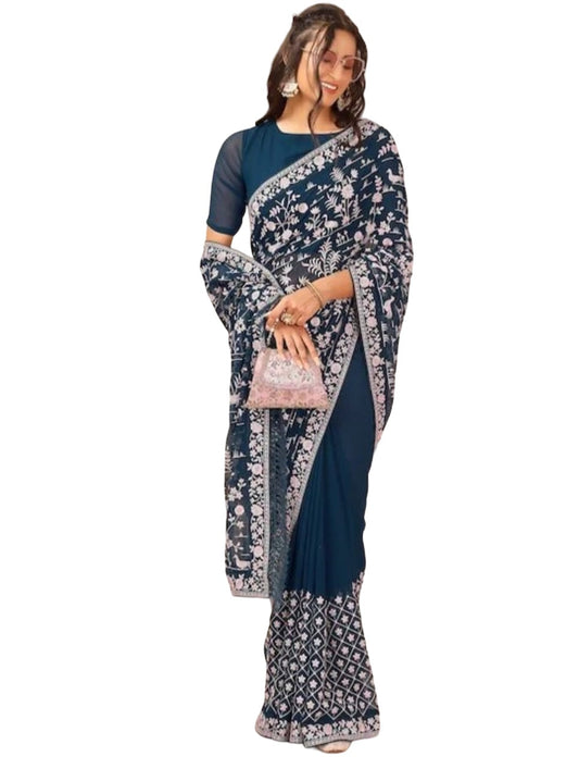 Vamika Embroidery Rama Green Georgette Bollywood Saree