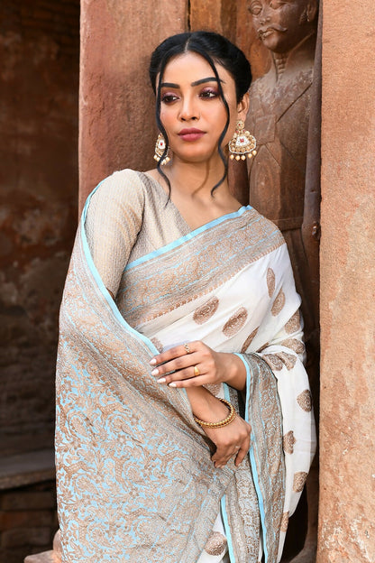 Joban Fashion Light Sky Blue Crepe Chiffon Pure Handloom Banarasi Silk Saree