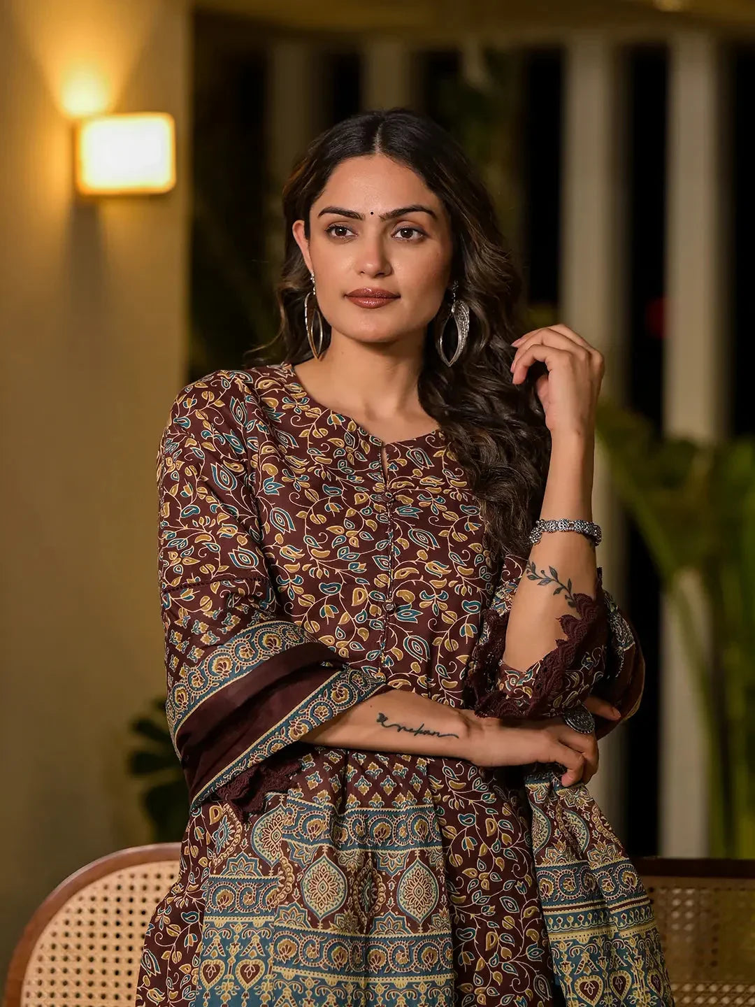 Yufta Maroon Floral Print Piping On Yoke Pakistani Style Kurta With Trousers And Dupatta Set