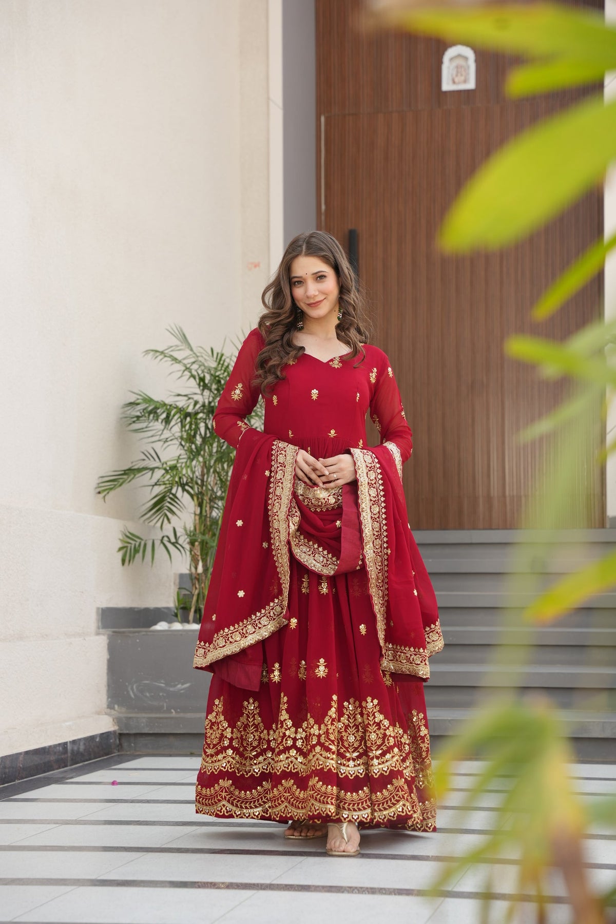 Lorenvalley Fashion Maroon Faux Georgette with Zari & Sequins Embroidered Work Anarkali Gown with Dupatta