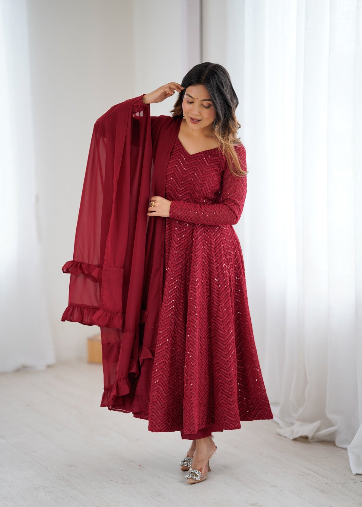 Lorenvalley Fashion Maroon Faux Georgette Lukhnowi Sequence Work Anarkali Kurta Pant With Dupatta Set
