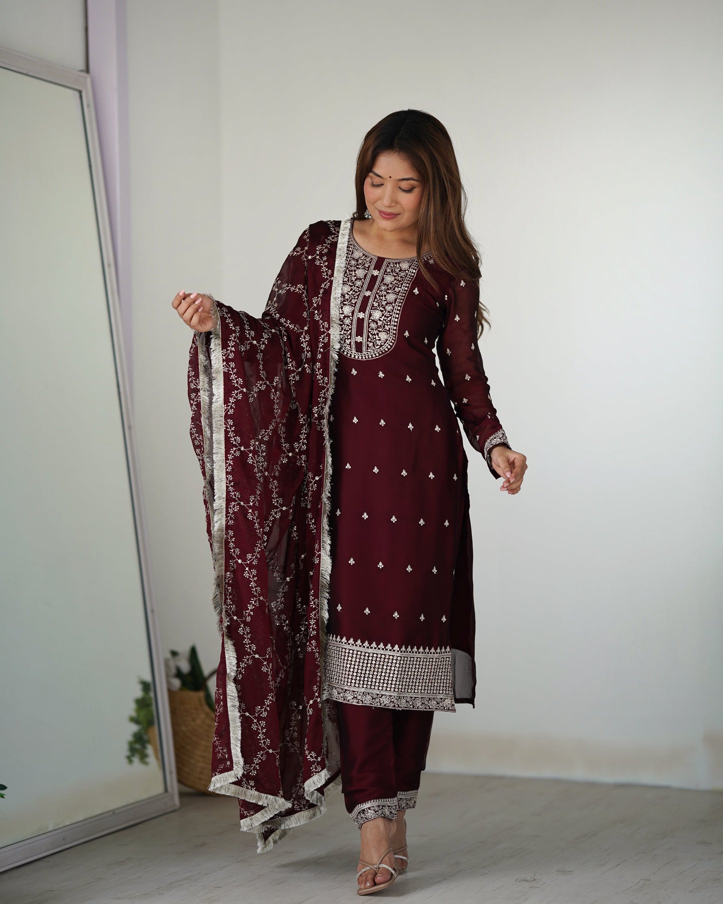 Lorenvalley Maroon Rangoli Silk Embroidery Sequence And Thread Work Kurta Trousers with Dupatta Set