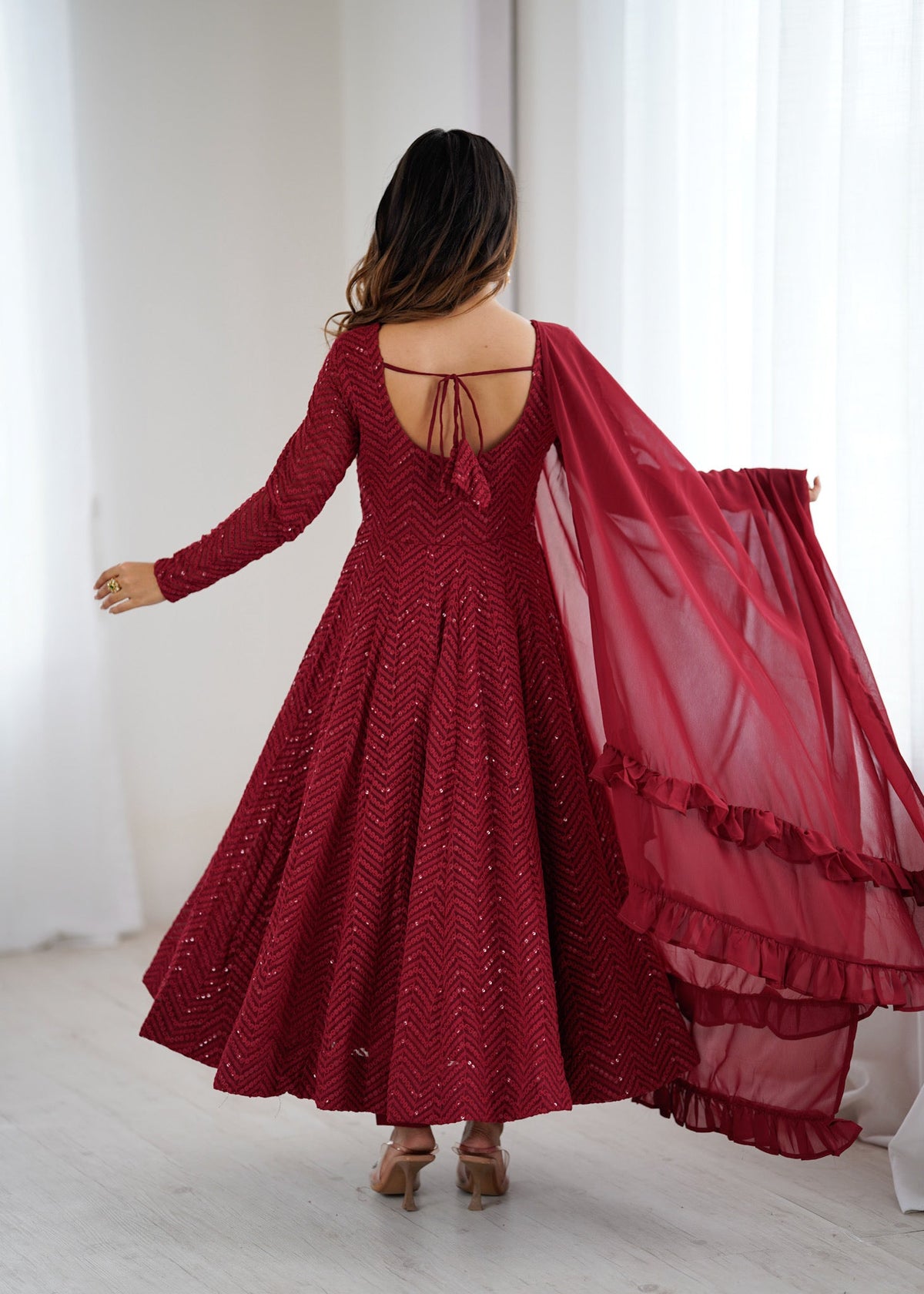 Lorenvalley Fashion Maroon Faux Georgette Lukhnowi Sequence Work Anarkali Kurta Pant With Dupatta Set