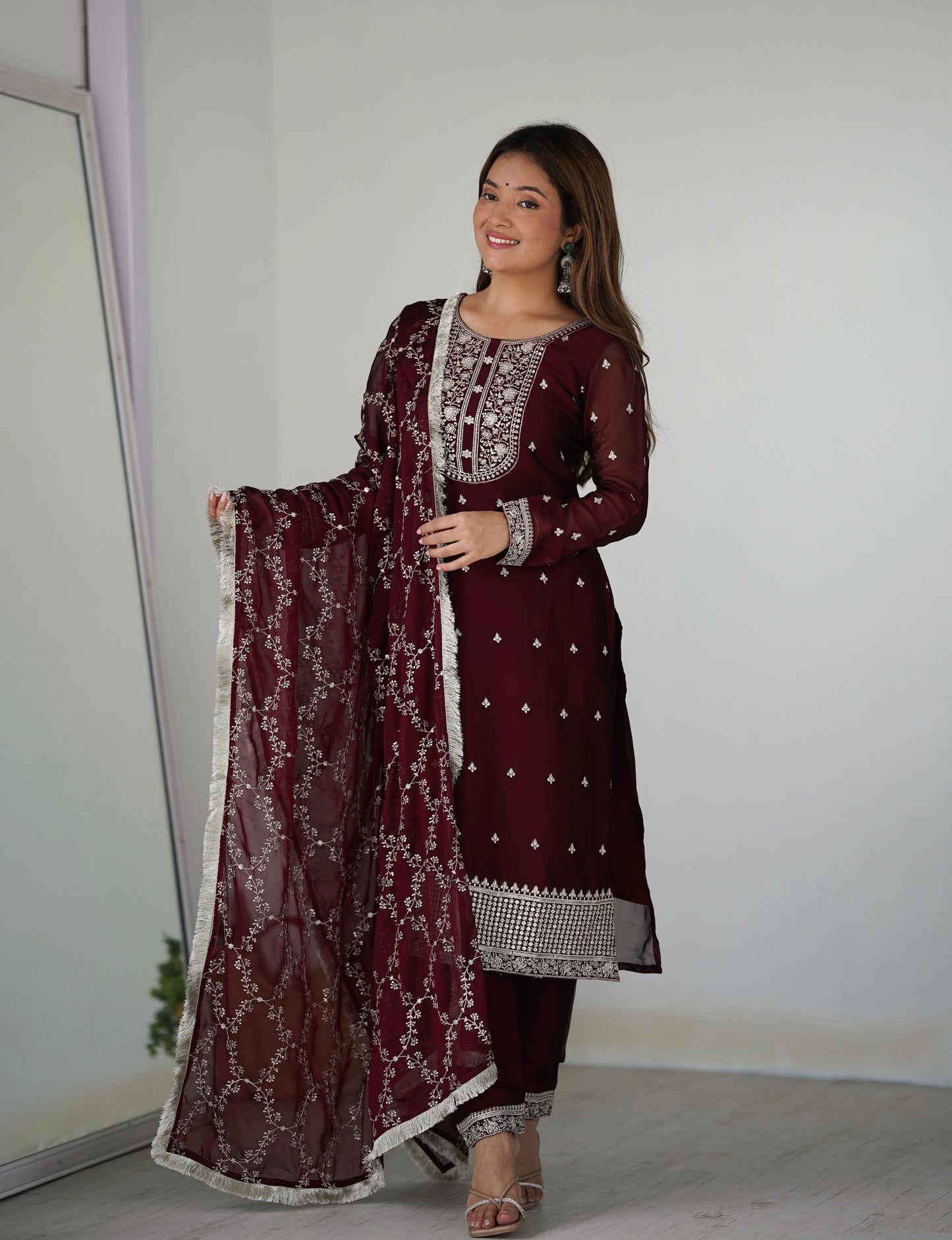 Lorenvalley Maroon Rangoli Silk Embroidery Sequence And Thread Work Kurta Trousers with Dupatta Set