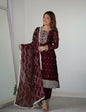 Lorenvalley Maroon Rangoli Silk Embroidery Sequence And Thread Work Kurta Trousers with Dupatta Set