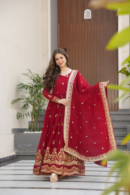 Lorenvalley Fashion Maroon Faux Georgette with Zari & Sequins Embroidered Work Anarkali Gown with Dupatta