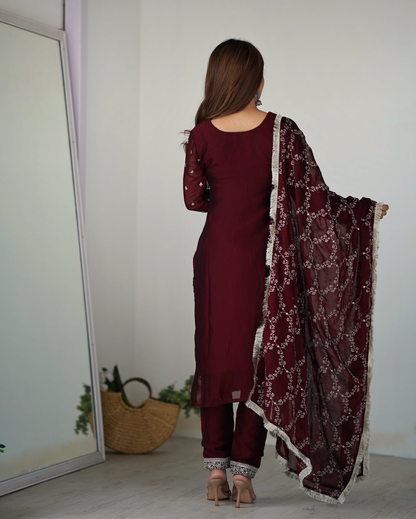 Lorenvalley Maroon Rangoli Silk Embroidery Sequence And Thread Work Kurta Trousers with Dupatta Set