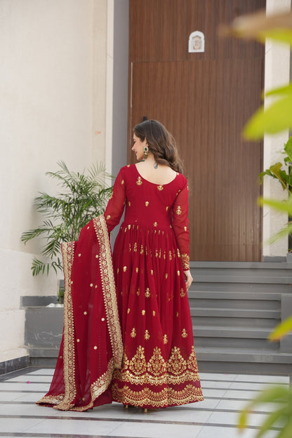 Lorenvalley Fashion Maroon Faux Georgette with Zari & Sequins Embroidered Work Anarkali Gown with Dupatta