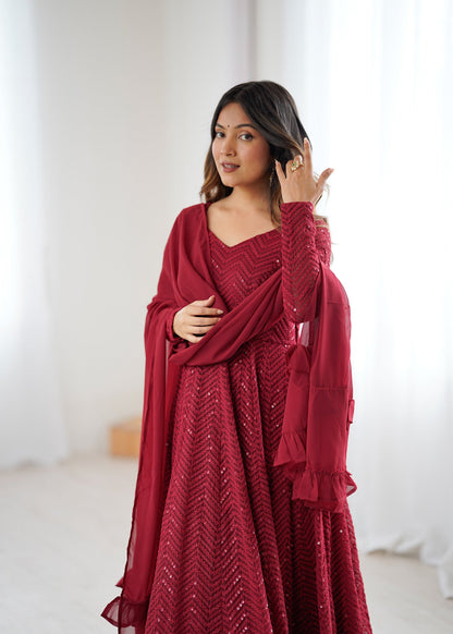 Lorenvalley Fashion Maroon Faux Georgette Lukhnowi Sequence Work Anarkali Kurta Pant With Dupatta Set