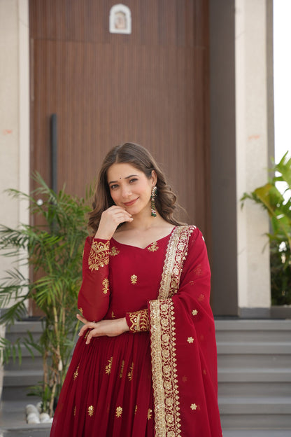 Lorenvalley Fashion Maroon Faux Georgette with Zari & Sequins Embroidered Work Anarkali Gown with Dupatta