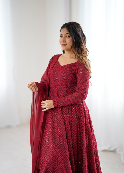 Lorenvalley Fashion Maroon Faux Georgette Lukhnowi Sequence Work Anarkali Kurta Pant With Dupatta Set