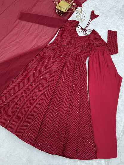 Lorenvalley Fashion Maroon Faux Georgette Lukhnowi Sequence Work Anarkali Kurta Pant With Dupatta Set