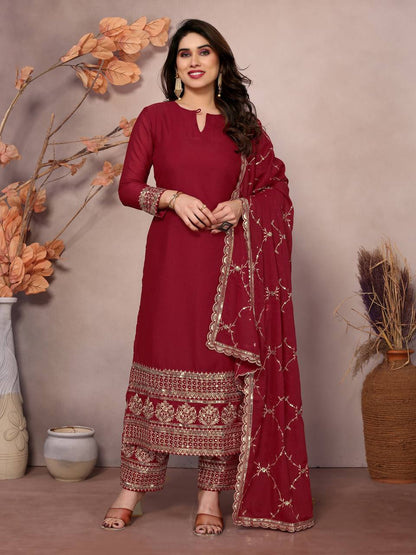 Lehenga Mart Festival maroon embroidery Ready Made kurti with pant and dupatta