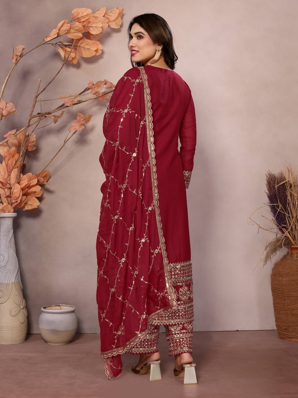 Lehenga Mart Festival maroon embroidery Ready Made kurti with pant and dupatta