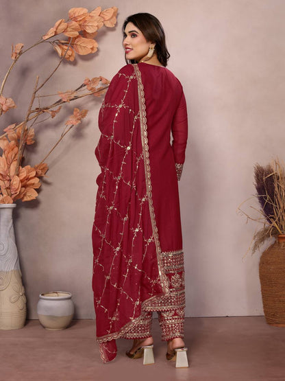 Lehenga Mart Festival maroon embroidery Ready Made kurti with pant and dupatta