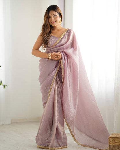 Lorenvalley Ready to wear Gold Crush Tissue Silk Fabric Fancy Boarder Premium Lace Work Predrapped Saree