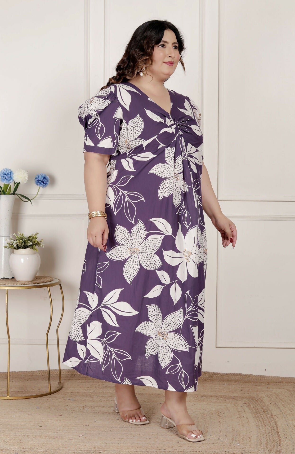 Miravan Womens Plus Size Purple Pleated Puff Sleeve Floral Pure Cotton Butterfly Middi Dress