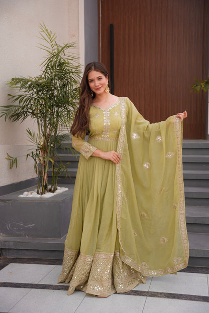 Lorenvalley Fashion Mehendi Crunchy Silk with Embroidery Codding & Sequins Work Anarkali Gown with Dupatta