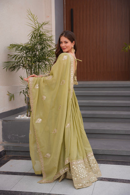Lorenvalley Fashion Mehendi Crunchy Silk with Embroidery Codding & Sequins Work Anarkali Gown with Dupatta