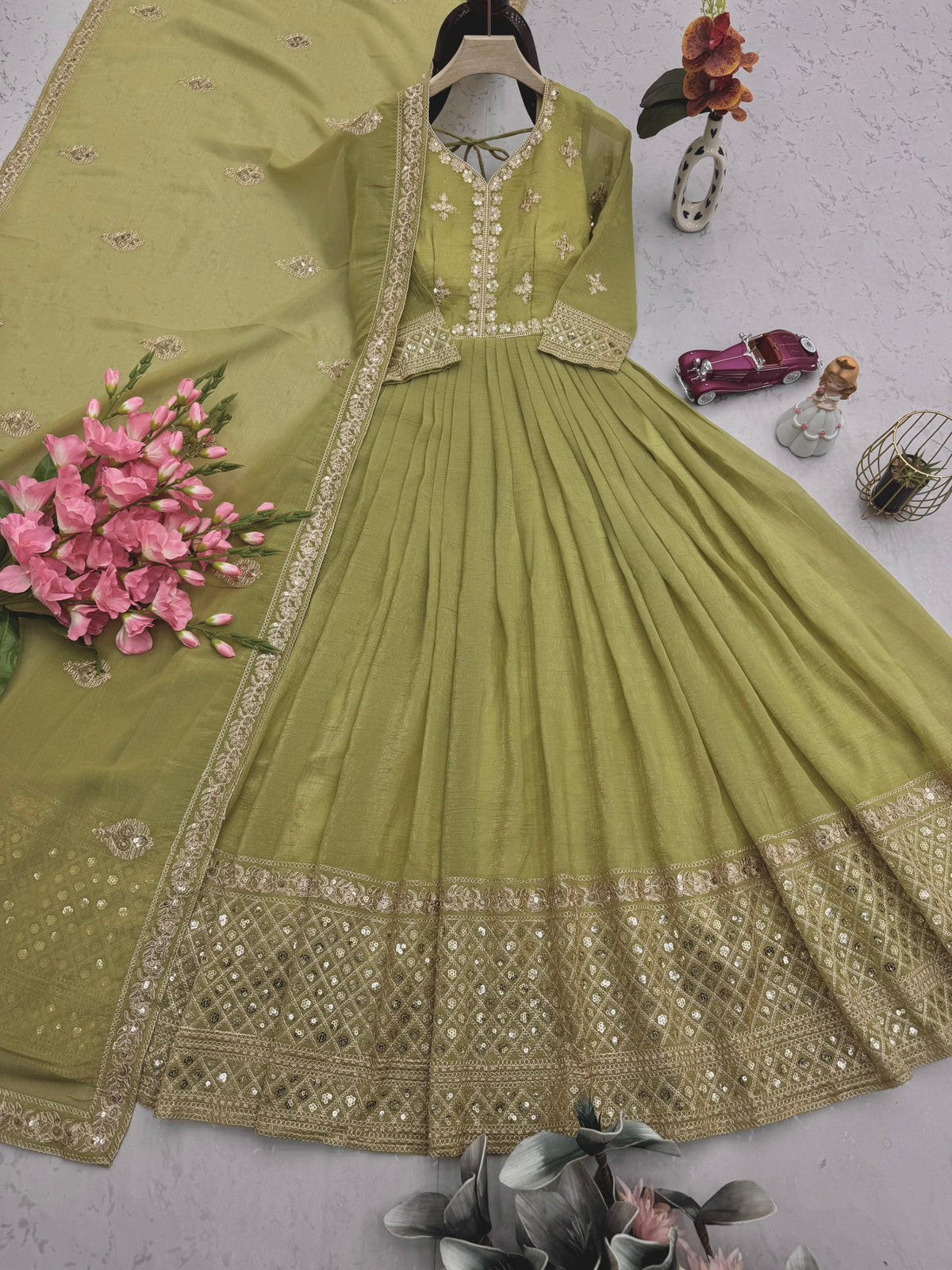 Lorenvalley Fashion Mehendi Crunchy Silk with Embroidery Codding & Sequins Work Anarkali Gown with Dupatta