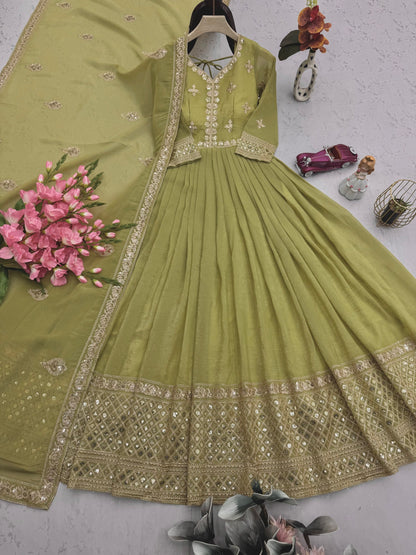 Lorenvalley Fashion Mehendi Crunchy Silk with Embroidery Codding & Sequins Work Anarkali Gown with Dupatta
