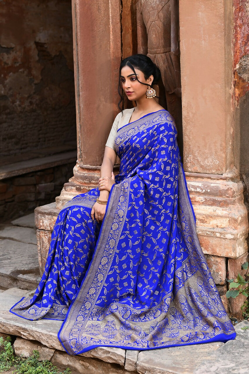 Joban Fashion Violet Crepe Chiffon Pure Handloom Banarasi Silk Saree