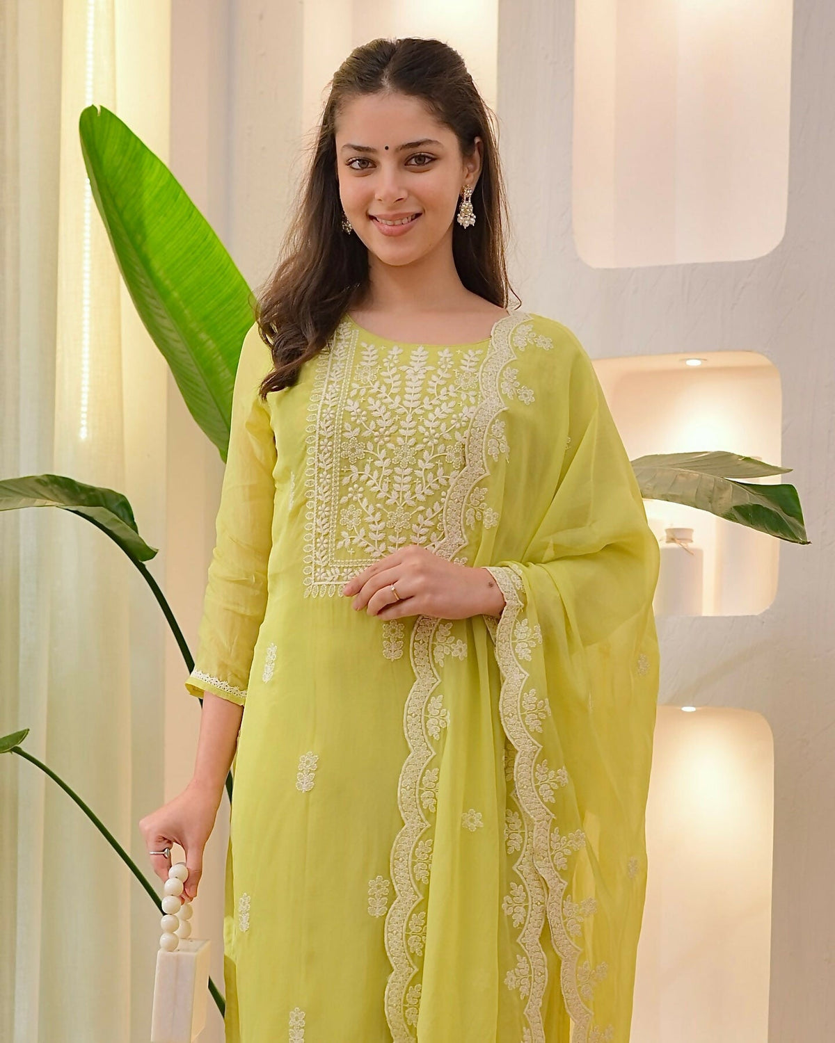 The52 Lemons Women's Beautiful Chikankari Work Chanderi Fabric Straight Kurta Pant and Dupatta Set