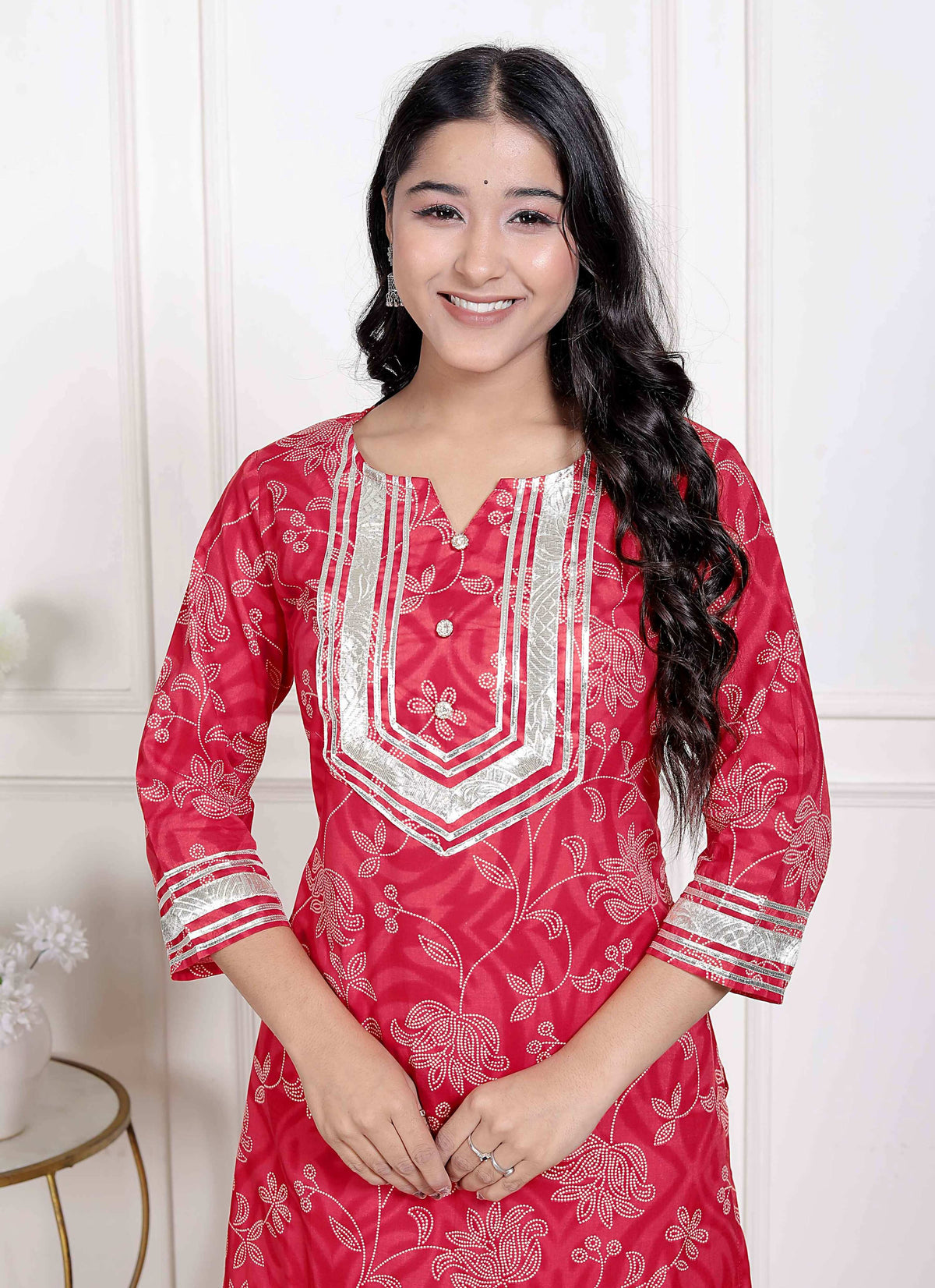 Miravan Red Floral Print Embroidered Cotton Straight Kurta with Palazzo & Dupatta