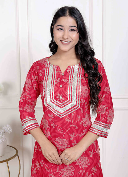Miravan Red Floral Print Embroidered Cotton Straight Kurta with Palazzo & Dupatta