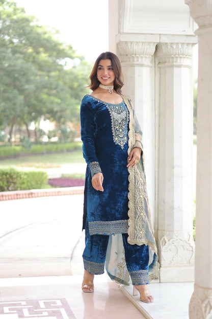 Vastranavya Morpeach Velvet With Rich Sequins & Zari Embroidered Work Top-Bottom With Dupatta