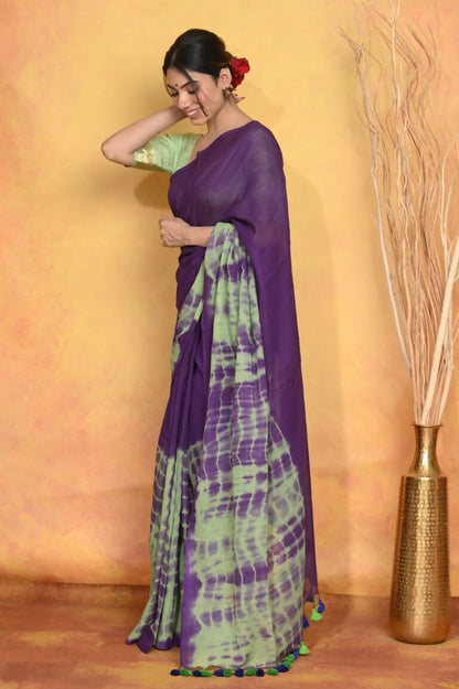 Very Much Indian Tie & Dye Handloom Mul Cotton Saree - Blue Green