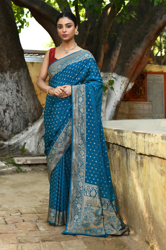 Joban Fashion Peacock Crepe Chiffon Pure Handloom Banarasi Silk Saree