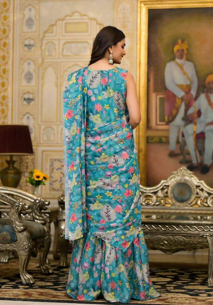 Partywear Designer Teal Slime Georgette Fancy Saree - Anbazaar