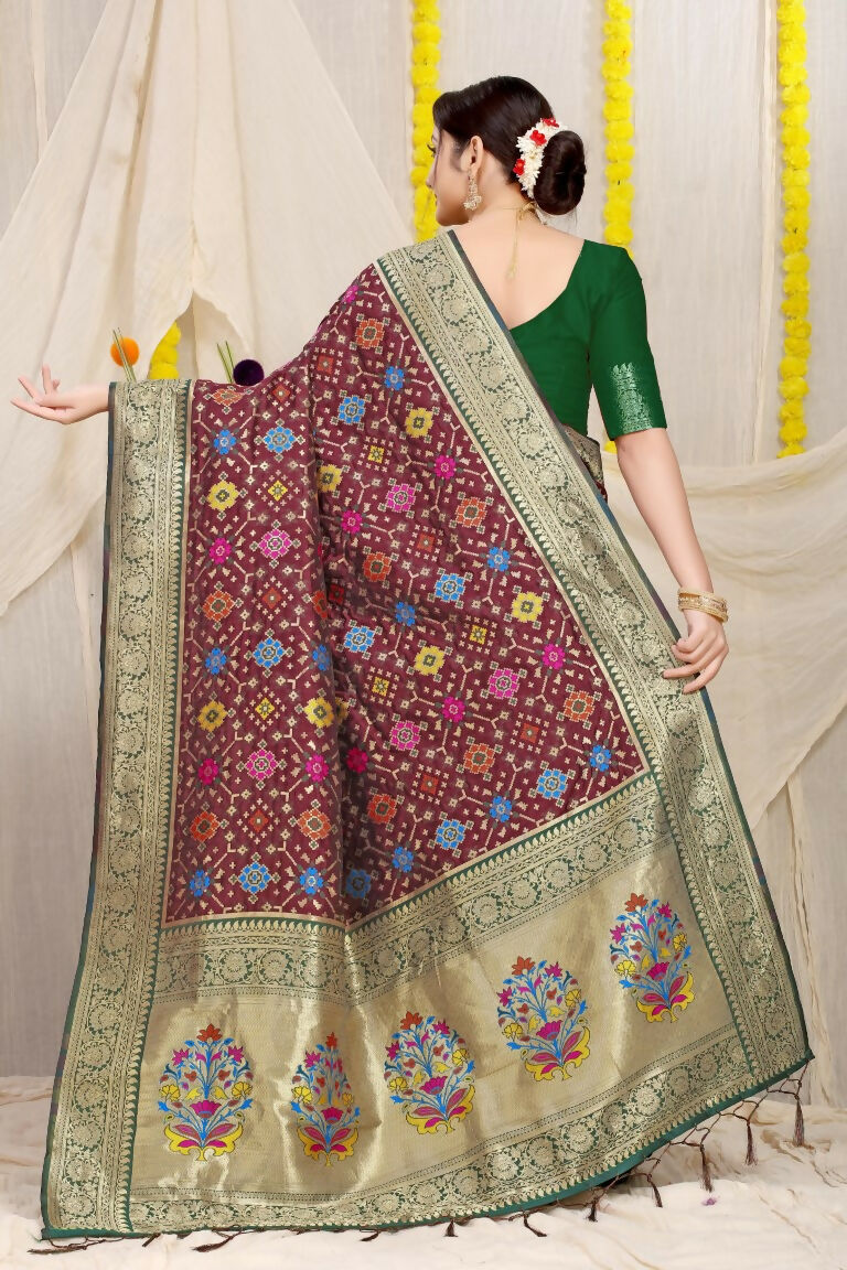 Jyoti Fashion Women's Wine Patola Silk Zari Woven Saree with Blouse