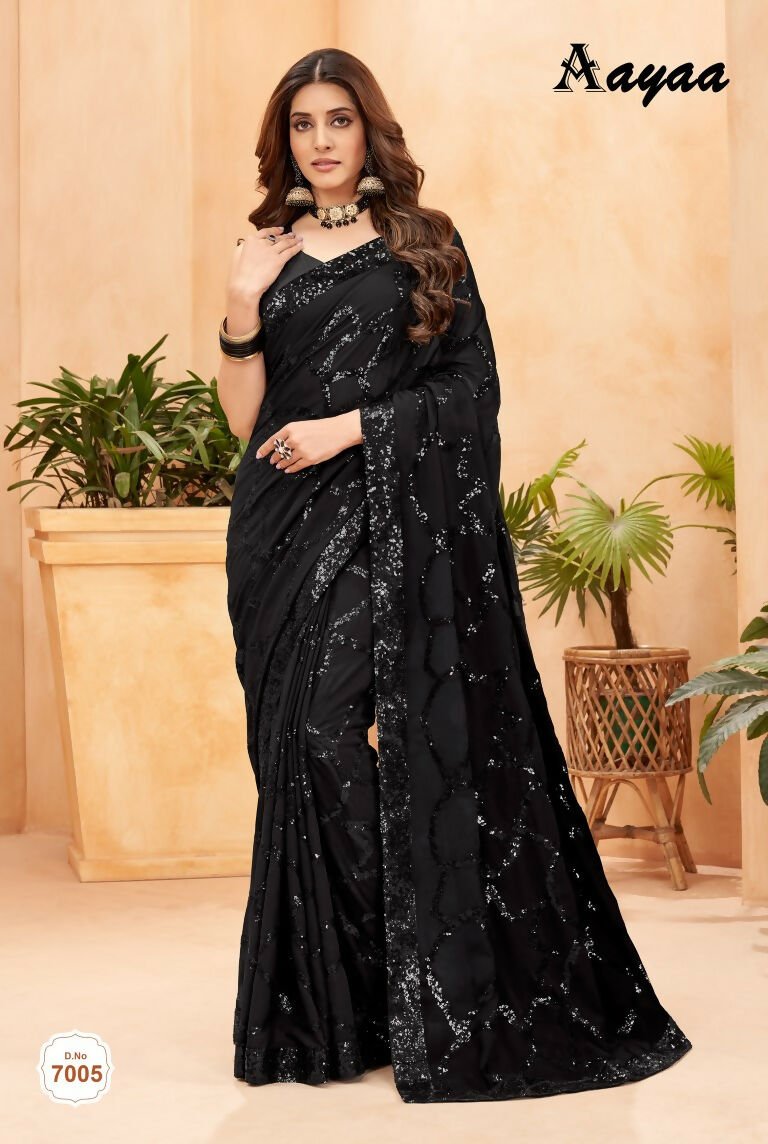 Aayaa Heavy Georgette Double Run Sequance Work Saree With Fitting Sequance Lace Border - Black