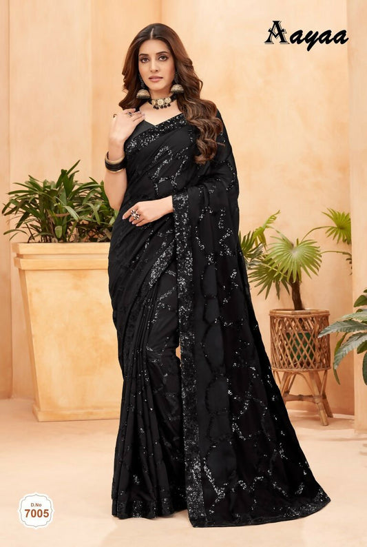 Aayaa Heavy Georgette Double Run Sequance Work Saree With Fitting Sequance Lace Border - Black