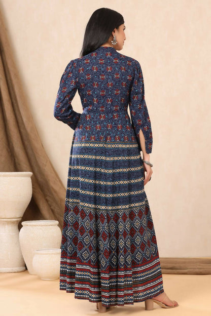 Juniper Womens Indigo Rayon Multicolor Printed Maxi Dress With Yoke Mirror Embroidery